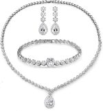Hadskiss Jewelry Set for Women, Necklace Dangle Earrings Bracelet Set, White Gold Plated Jewelry Set with White AAA Cubic Zirconia, Allergy Free Wedding Party Jewelry for Bridal Bridesmaid